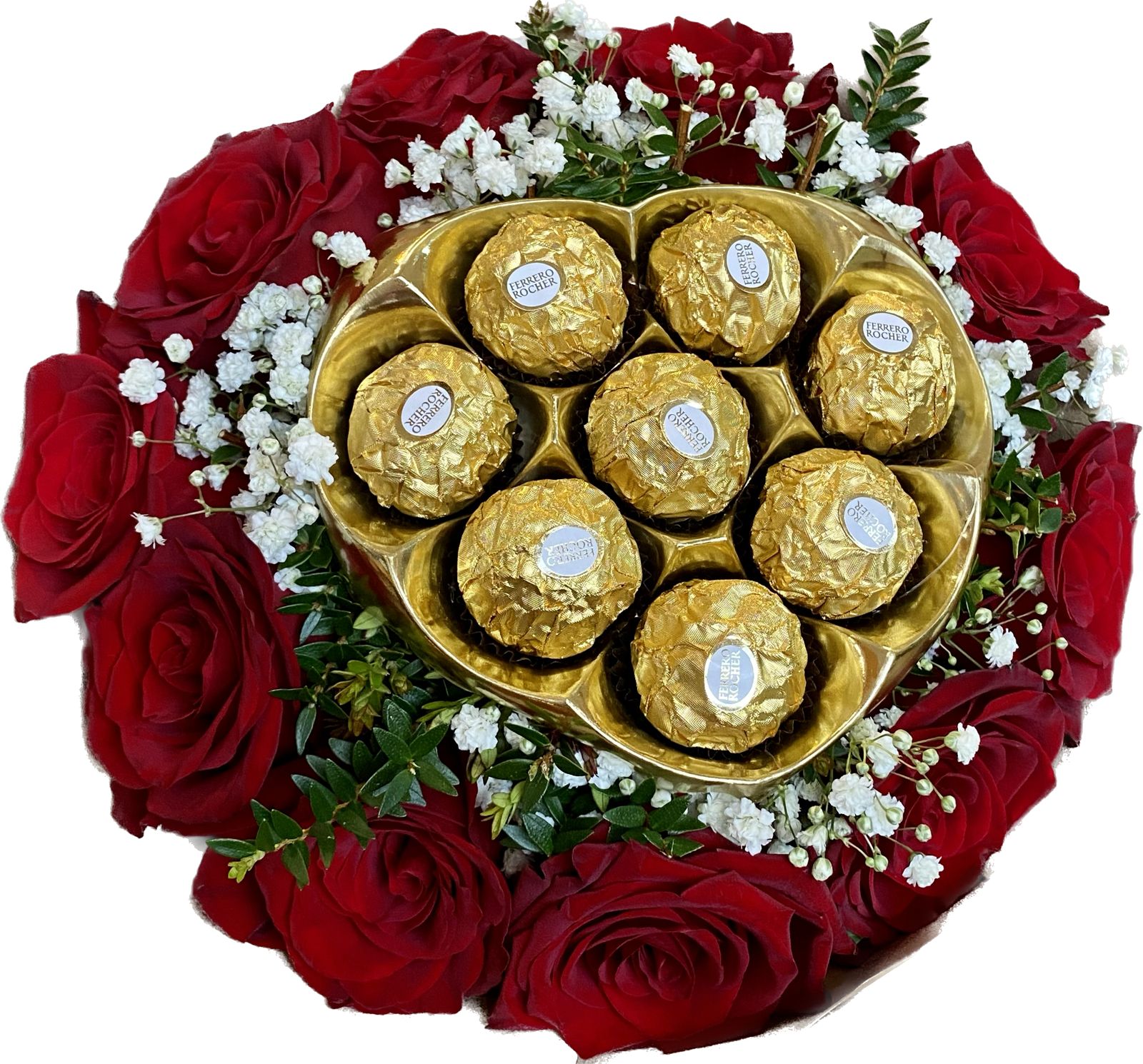 Ramo de Rosas con Corazón de Ferrero | Flor de Café Flores que enamoran, dulzura que sorprende WhatsApp Image 2023 09 28 at 14.01.00