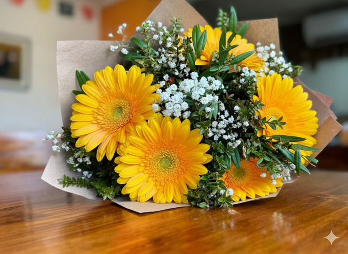 RAMO 5 GERBERAS AMARILLO 21S RAMO 5 GERBERAS AMARILLAS